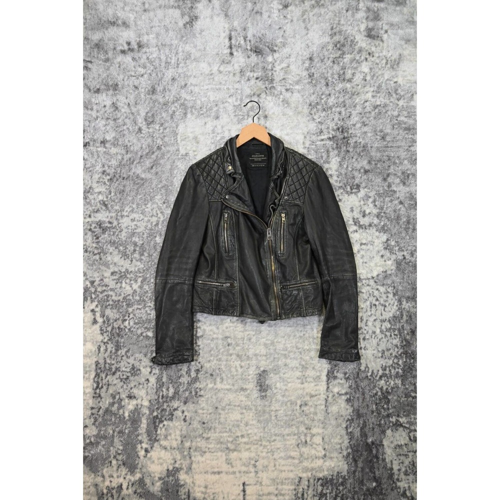 All Saints Black Quilted Leather Moto Style Zip Jacket Size Womens 10